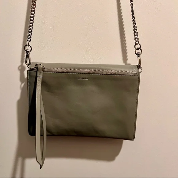 AllSaints Grey Leather Wallet on Chain Crossbody Bag Studded Minimal - Picture 4 of 6